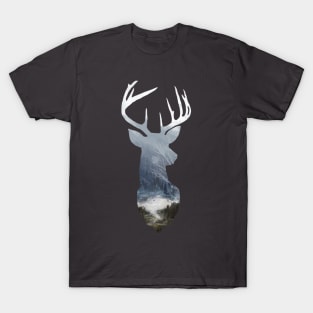 Deer Silhouette in Misty Scotland Forest Wild River Scene T-Shirt